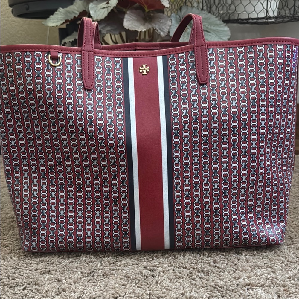 Tory Burch Red Logo-Pattern Gemini Link coated canvas tote bag